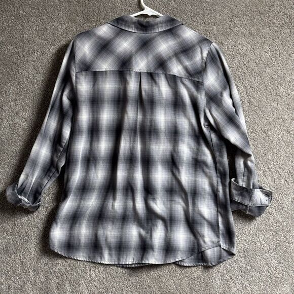Christopher & Banks Top Womens Medium Plaid Roll-tab Sleeves Cottagecore Coastal - Picture 2 of 11